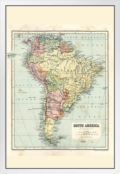 South America 19th Century Antique Style Map Travel World Map with Cities in Detail Map Posters for Wall Map Art Wall Decor Geographical Illustration Travel White Wood Framed Art Poster 14x20