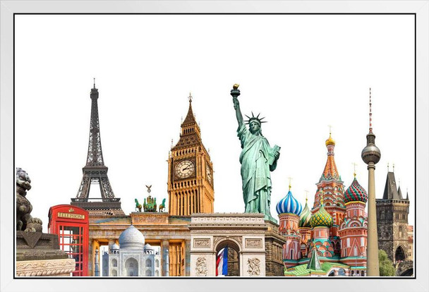 World Landmarks Photo Collage Eiffel Tower Statue Of Liberty Travel Tourism White Wood Framed Art Poster 20x14