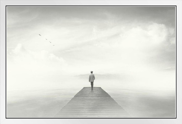 Man Walking On A Boardwalk In The Fog Photo White Wood Framed Poster 14x20