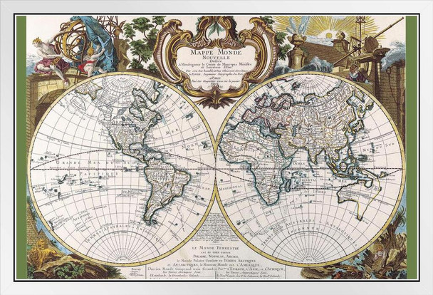 Mappe Monde Nouvelle Antique World Map 1744 Vintage French Designed All Continents Countries Europe United States France Cartography Globe Earth White Wood Framed Art Poster 14x20