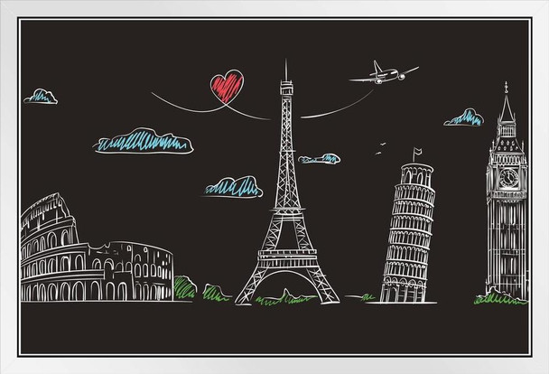 European Landmarks London Rome Paris Chalkboard Sketch Art White Wood Framed Poster 20x14