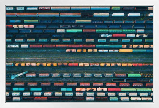 Colorful Freight Train Cars Locomotives At Depot Aerial View White Wood Framed Poster 20x14