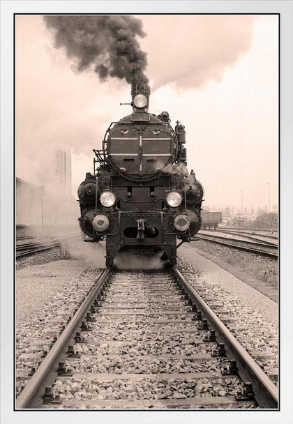 Steam Engine Locomotive Train Black and White Vintage Retro Photo Photograph White Wood Framed Poster 14x20