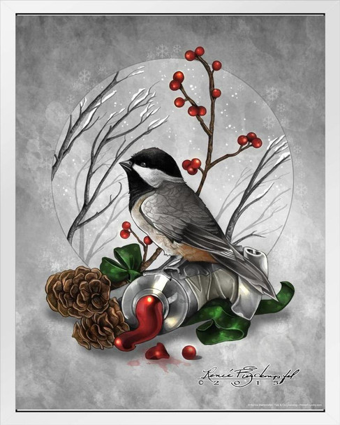 Black Capped Chickadee Colors of Winter by Renee Biertempfel Fantasy Art Bird Pictures Wall Decor Beautiful Art Wall Decor Feather Prints Wall Art Bird Prints White Wood Framed Art Poster 14x20