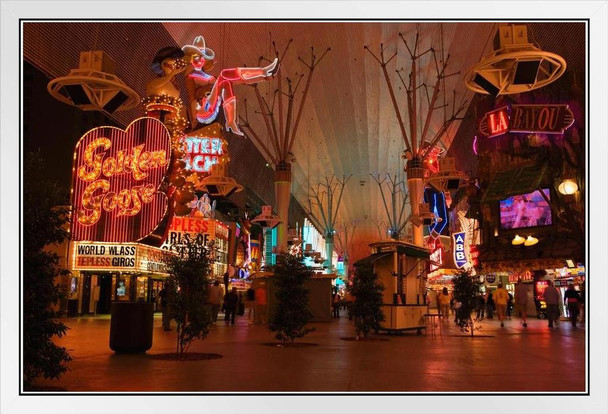 People Walking on Freemont Street Downtown Las Vegas DTLV Nevada Photo Photograph White Wood Framed Poster 20x14