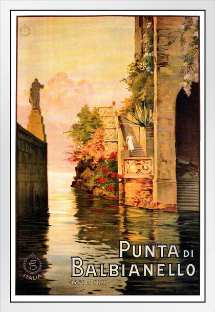 Vista Punta di Balbianello Historic Ocean City Italy Vintage Illustration Travel White Wood Framed Poster 14x20