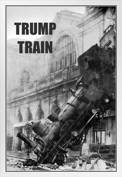 Trump Train Wreck Funny Political Humor White Wood Framed Poster 14x20