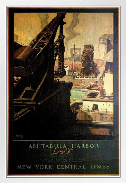 New York Central Lines Ashtabula Harbor Lake Erie Vintage Travel White Wood Framed Poster 14x20