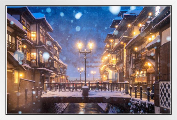 Heavy snow blizzard in Obanazawa Ginzan Onsen Japan Photo White Wood Framed Poster 14x20