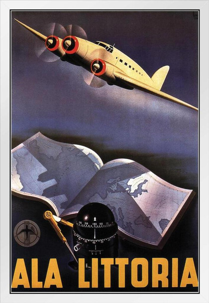 Ala Littoria Italian Airlines Vintage Illustration Travel Art Deco Vintage French Wall Art Nouveau French Advertising Vintage Poster Prints Art Nouveau Decor White Wood Framed Art Poster 14x20