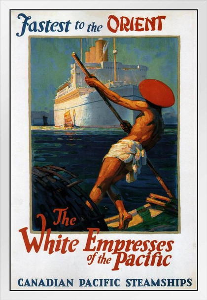 Canadian Pacific White Empresses Fastest to Orient Cruise Ship Vintage Travel White Wood Framed Poster 14x20