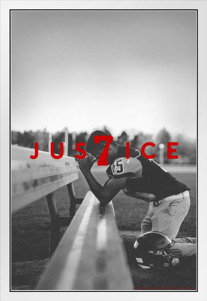 Power 7 Logo Justice Player Kneeling White Wood Framed Poster 14x20