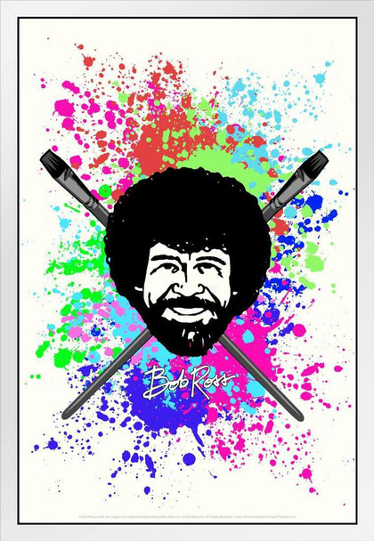 Bob Ross With Crossed Brushes Painting Art Bob Ross Poster Bob Ross Collection Bob Art Painting Happy Accidents Motivational Poster Funny Bob Ross Afro and Beard White Wood Framed Art Poster 14x20