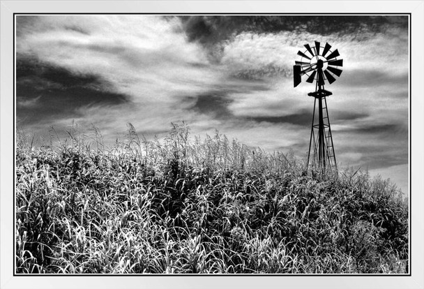 Timeless Windmill Texas Hill Country Rural Scene Photo Photograph White Wood Framed Poster 20x14