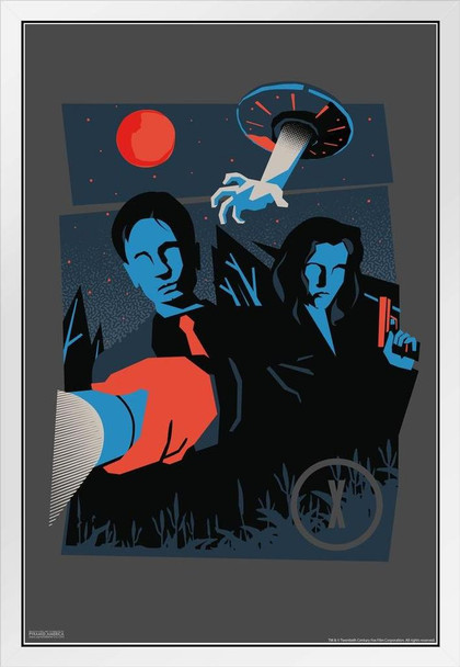 X Files Flashlights Minimalist Fox Mulder Dana Scully TV Show Series Science Fiction SciFi White Wood Framed Poster 14x20