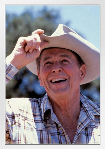 President Ronald Reagan Cowboy Hat White Wood Framed Poster 14x20