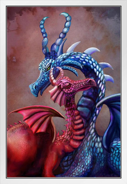 Blue Red Cuddling Dragons in Cave by Rose Khan Fantasy PosterDragon Love Couple White Wood Framed Art Poster 14x20