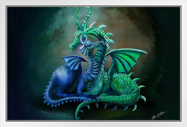 Green and Blue Dragon Cuddling Pair by Rose Khan Fantasy Poster Loving Dragons Embrace White Wood Framed Art Poster 14x20