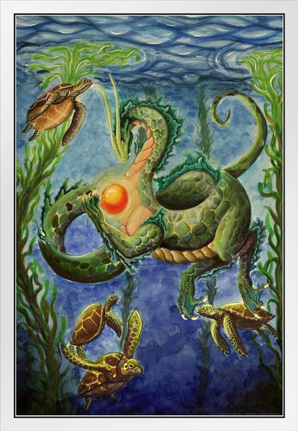 Secrets of the Sea by Carla Morrow Ocean Turtles Underwater Green Dragon Fantasy White Wood Framed Poster 14x20