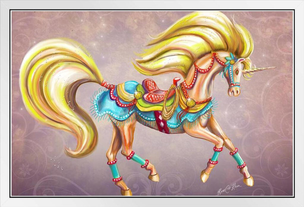 Western Palomino Carousel Horse Unicorn by Rose Khan White Wood Framed Poster 14x20