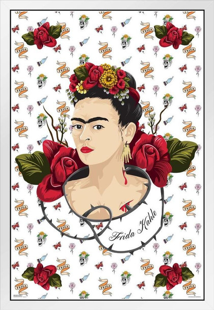 Frida Kahlo Skull Background Self Portrait Face Painting Feminist Feminism Painter Colorful White Wood Framed Art Poster 14x20