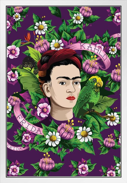 Frida Kahlo Flowers Background Self Portrait Face Painting Feminist Feminism Painter Pop Art Colorful Purple White Wood Framed Art Poster 14x20