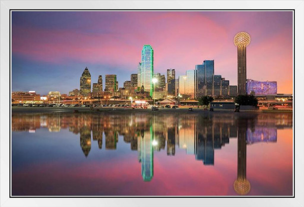 Dallas Texas Skyline Reflected in Trinity River at Sunset Photo Photograph White Wood Framed Poster 20x14