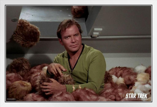Star Trek The Trouble With Tribbles Captain Kirk Funny Classic The Original Series TOS TV Television Episode Merchandise White Wood Framed Poster 14x20