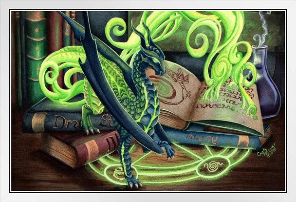 Summoning Dragons by Carla Morrow Fantasy Poster Green Dragon Spiritual Spells Witchcraft Magic White Wood Framed Art Poster 14x20