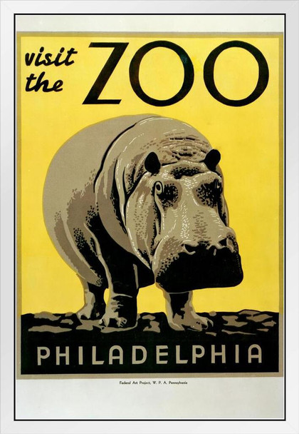 Visit The Zoo Philadelphia Hippo Retro Vintage WPA Art Project White Wood Framed Poster 14x20