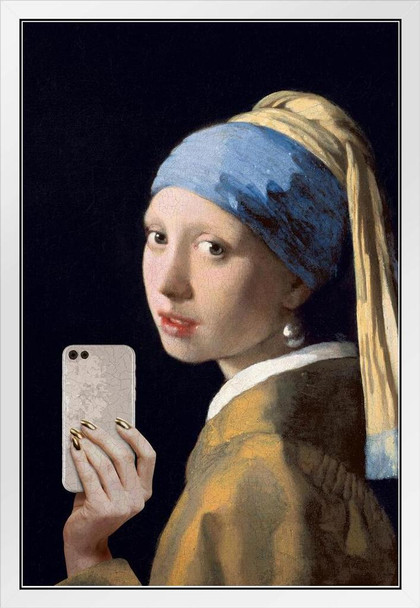 Girl With a Pearl Earring Selfie Portrait Painting Funny White Wood Framed Poster 14x20