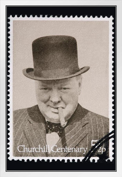 Sir Winston Churchill Centenary Historical Black White Vintage Stamp Photo White Wood Framed Art Poster 14x20