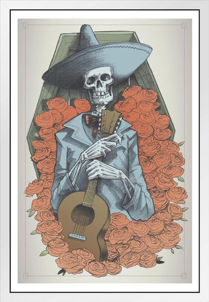 Mariachi Skeleton White Wood Framed Poster 14x20