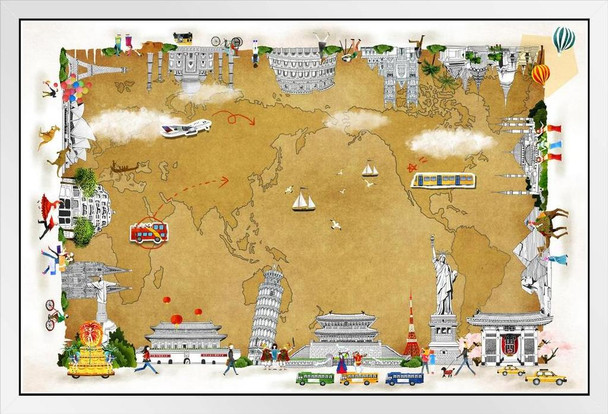 Map of the World International Landmarks Illustration Travel World Map with Landmark in Detail Map Posters for Wall Map Art Wall Decor Geographical Illustration White Wood Framed Art Poster 20x14