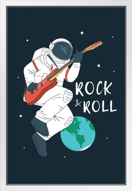Astronaut Playing Rock and Roll on Guitar In Outer Space White Wood Framed Poster 14x20