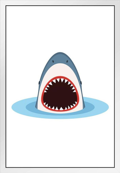 Shark With Open Mouth Coming Out Of Water Illustration Jaws Shark Posters For Walls Shark Pictures Cool Sharks Of The World Poster Shark Wall Decor Art Print White Wood Framed Art Poster 14x20