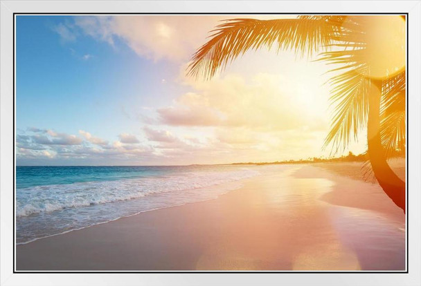 Beautiful Tropical Sandy Beach Palm Trees Ocean Sunset Sunspots Dramatic Artistic Photo Landscape Pictures Scenic Scenery Nature Photography Paradise Scenes White Wood Framed Art Poster 20x14