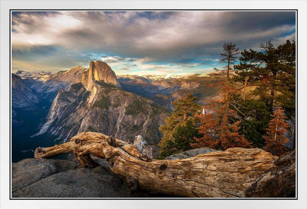 Glacier Point Yosemite Valley Landscape Vista Sunset Photo White Wood Framed Poster 20x14