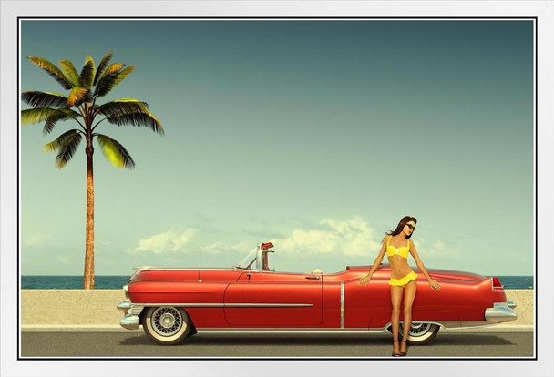 Sexy Young Woman Leaning on Old Fashioned Cadillac Convertible Beach Photo Photograph White Wood Framed Poster 20x14