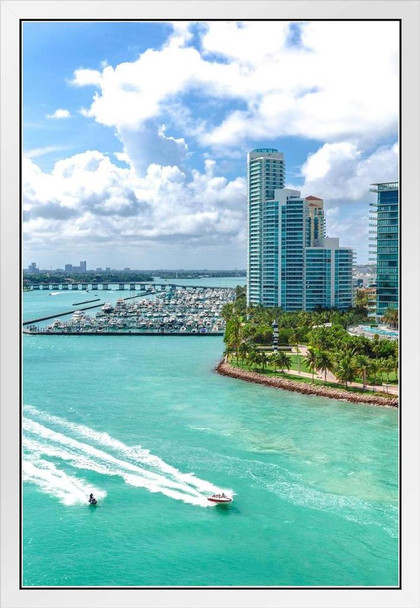 South Beach Miami From Sea with South Pointe Park Florida Photo Photograph White Wood Framed Poster 14x20