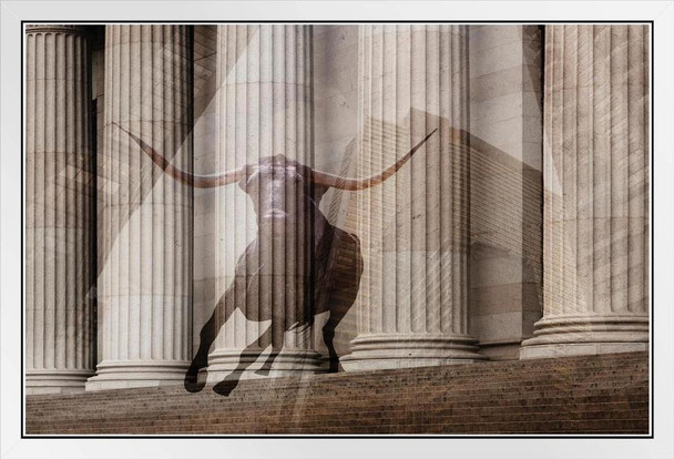 Bull Money Wall Street Columns 100 Dollar Bill Photo Photograph White Wood Framed Poster 20x14