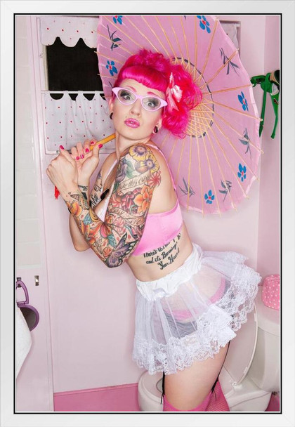 Hot Tattooed Woman Pink Glasses Holding Parasol Photo Photograph White Wood Framed Poster 14x20