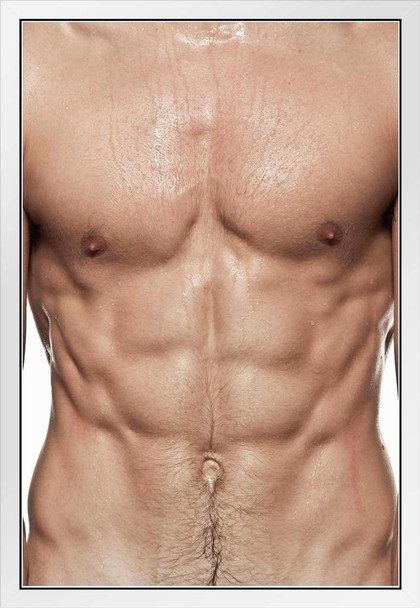 Hot Guys Naked Torso Six Pack Photo Photograph White Wood Framed Art Poster 14x20