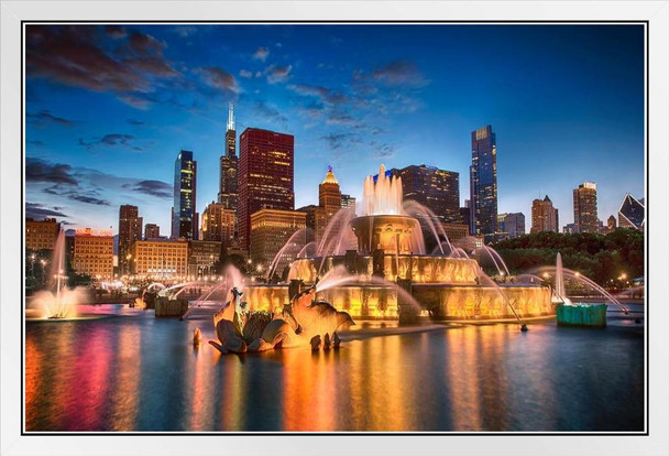 Buckingham Fountain Chicago Illinois at Twilight Photo Photograph White Wood Framed Poster 20x14