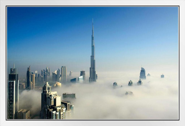 Fog In Dubai Downtown Skyscraper City Skyline Clouds Photo Photograph White Wood Framed Art Poster 14x20