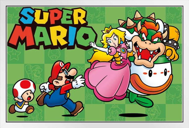 Super Mario Chase Video Game Gaming White Wood Framed Poster 20x14