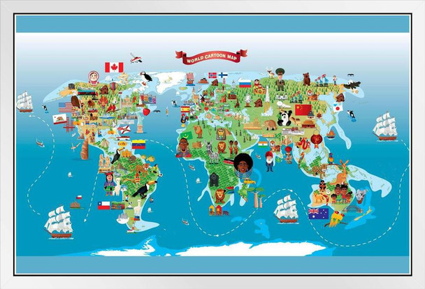 Map of the World Cartoon Style Classroom Travel World Map with Cities in Detail Map Posters for Wall Map Art Wall Decor Geographical Illustration Tourist Travel White Wood Framed Art Poster 14x20