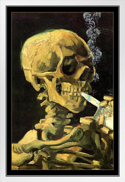 Vaping Skull Of Skeleton Vincent Van Gogh Painting Poster 1885 Burning Cigarette Vincent Van Gogh Parody Funny Humor White Wood Framed Art Poster 14x20