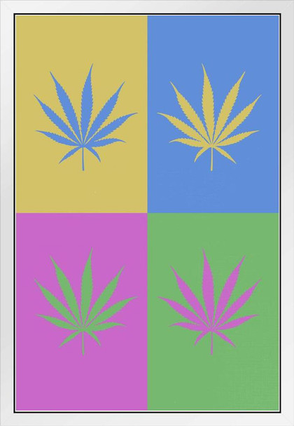 Marijuana Weed Pot Cannabis Joint Blunt Bong Leaves Pop Art Pastel White Wood Framed Poster 14x20
