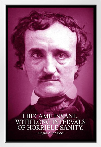 Edgar Allan Poe I Became Insane Purple Famous Motivational Inspirational Quote White Wood Framed Poster 14x20